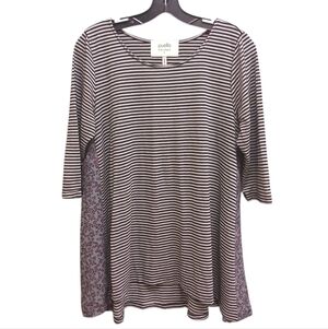 Puella Anthropologie Black and White Striped 3/4 Sleeve Top Floral Sides Large